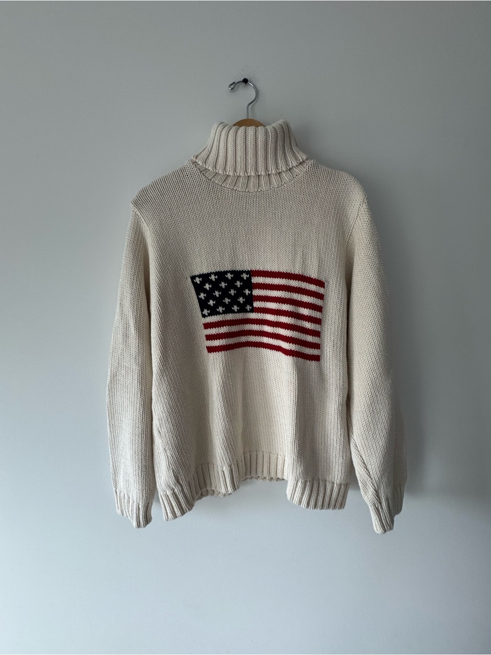 Coldwater Creek Cream Turtleneck Sweater with USA Red and Blue Flag Detail